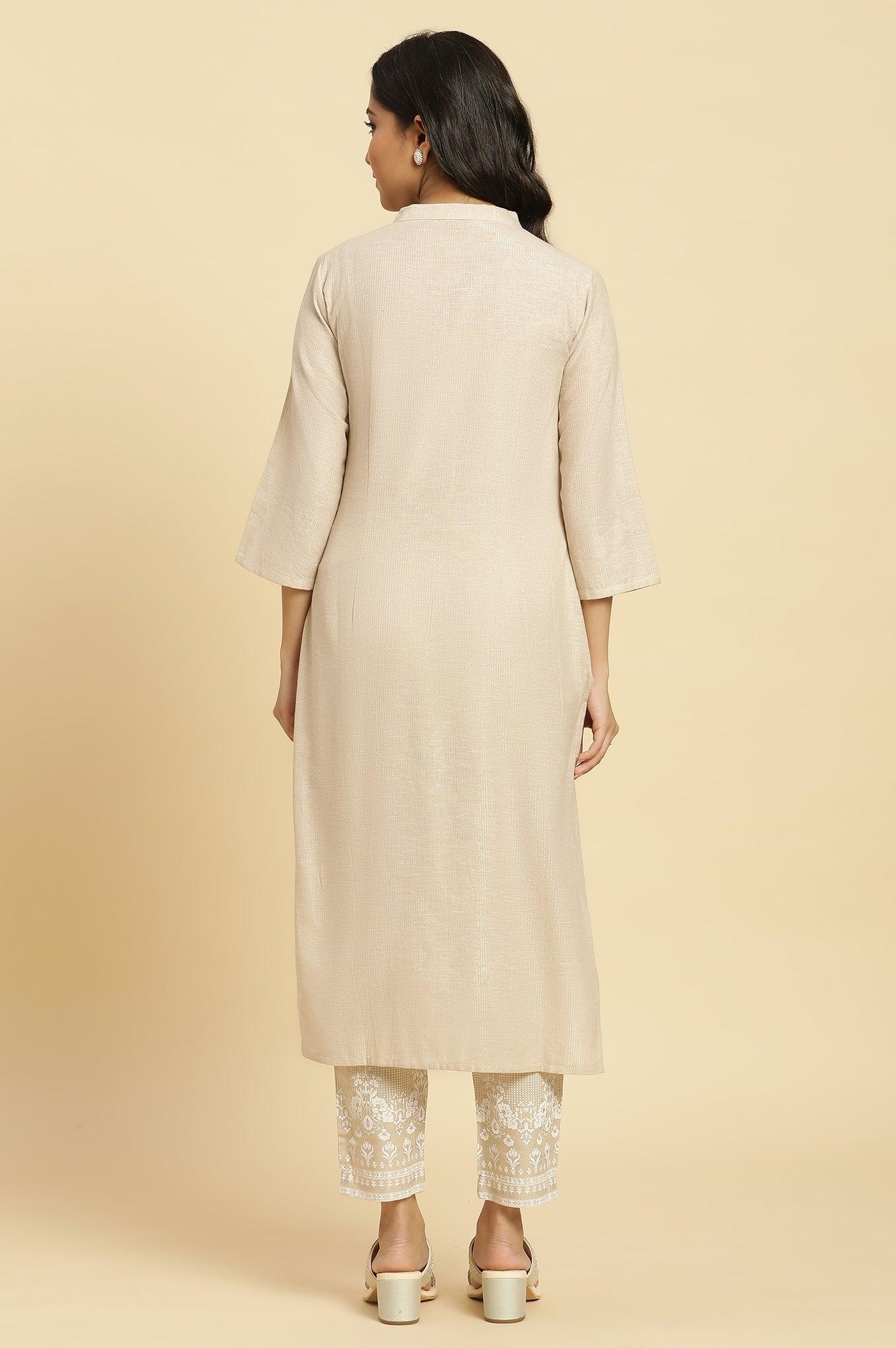 Beige Mandarin Collar Kurta And Pants Set - wforwoman