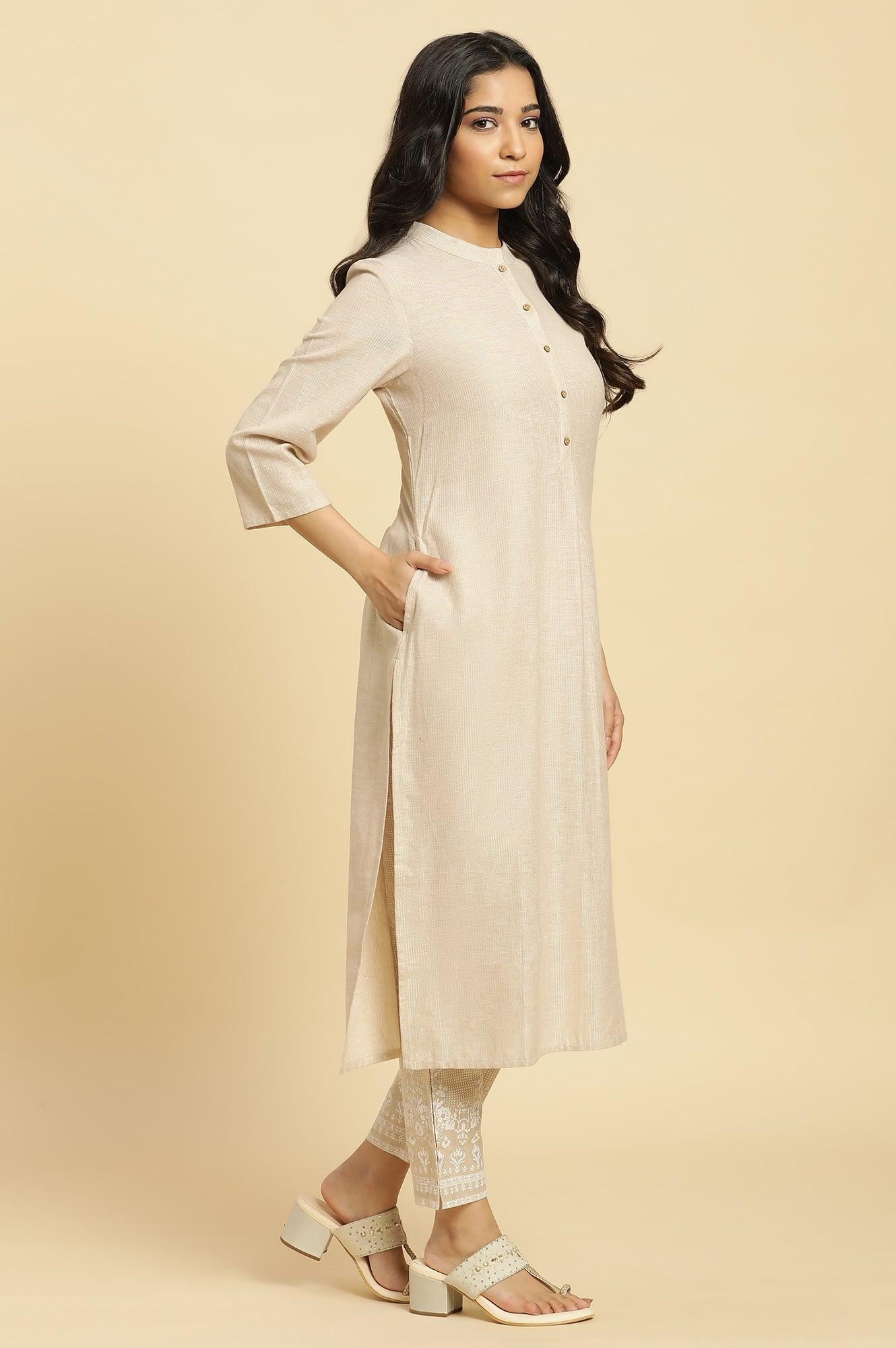 Beige Mandarin Collar Kurta And Pants Set - wforwoman