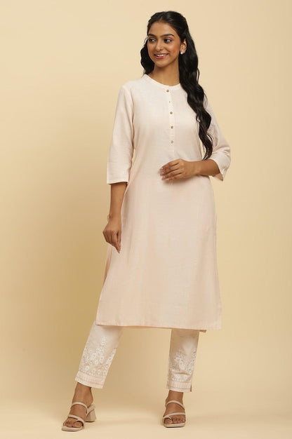 Light Pink Round Neck Kurta And Slim Pants Set - wforwoman