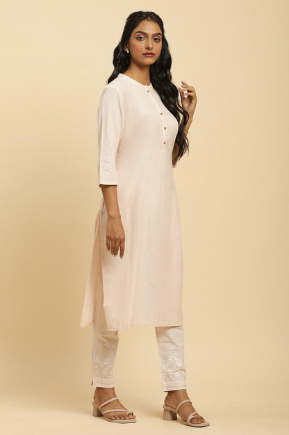 Light Pink Round Neck Kurta And Slim Pants Set - wforwoman