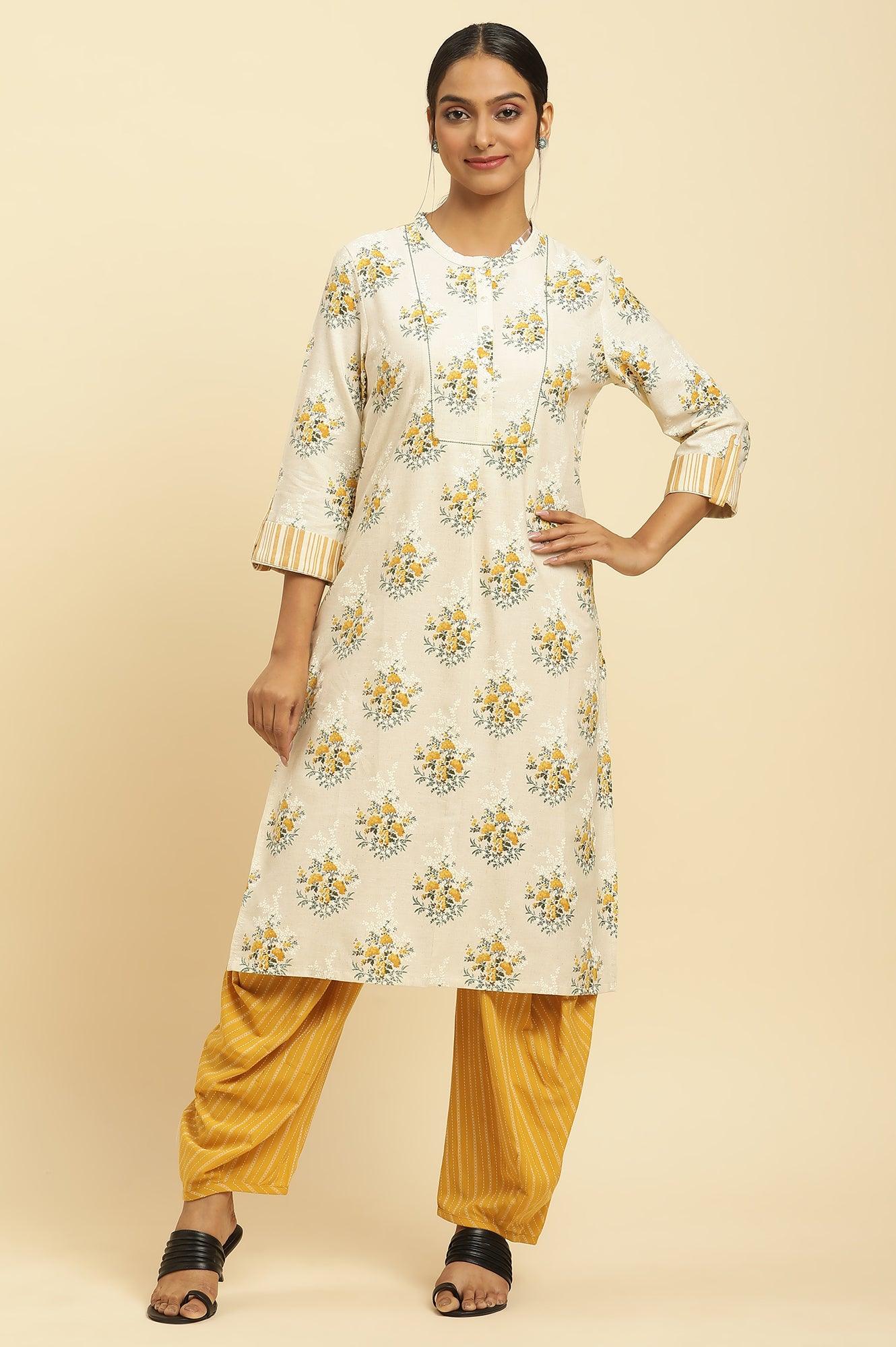 Beige Floral Printed Kurta And Yellow Carrot Pants - wforwoman