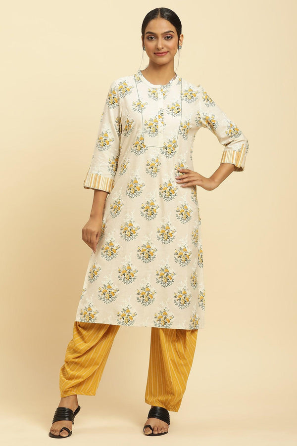 Beige Floral Printed Kurta And Yellow Carrot Pants