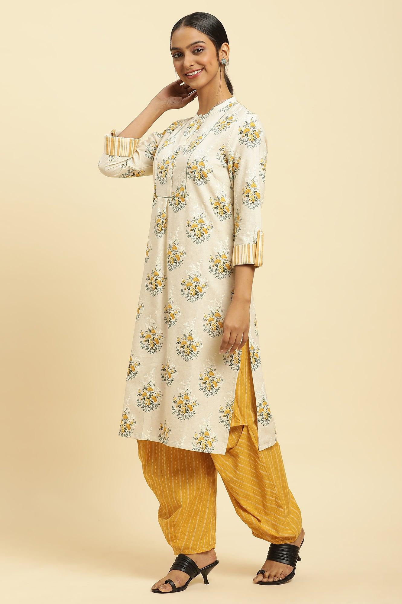 Beige Floral Printed Kurta And Yellow Carrot Pants - wforwoman