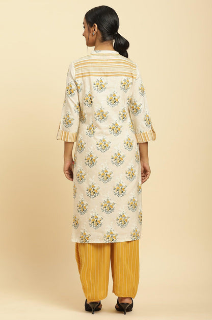Beige Floral Printed Kurta And Yellow Carrot Pants - wforwoman