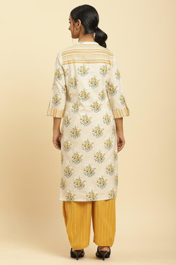 Beige Floral Printed Kurta And Yellow Carrot Pants