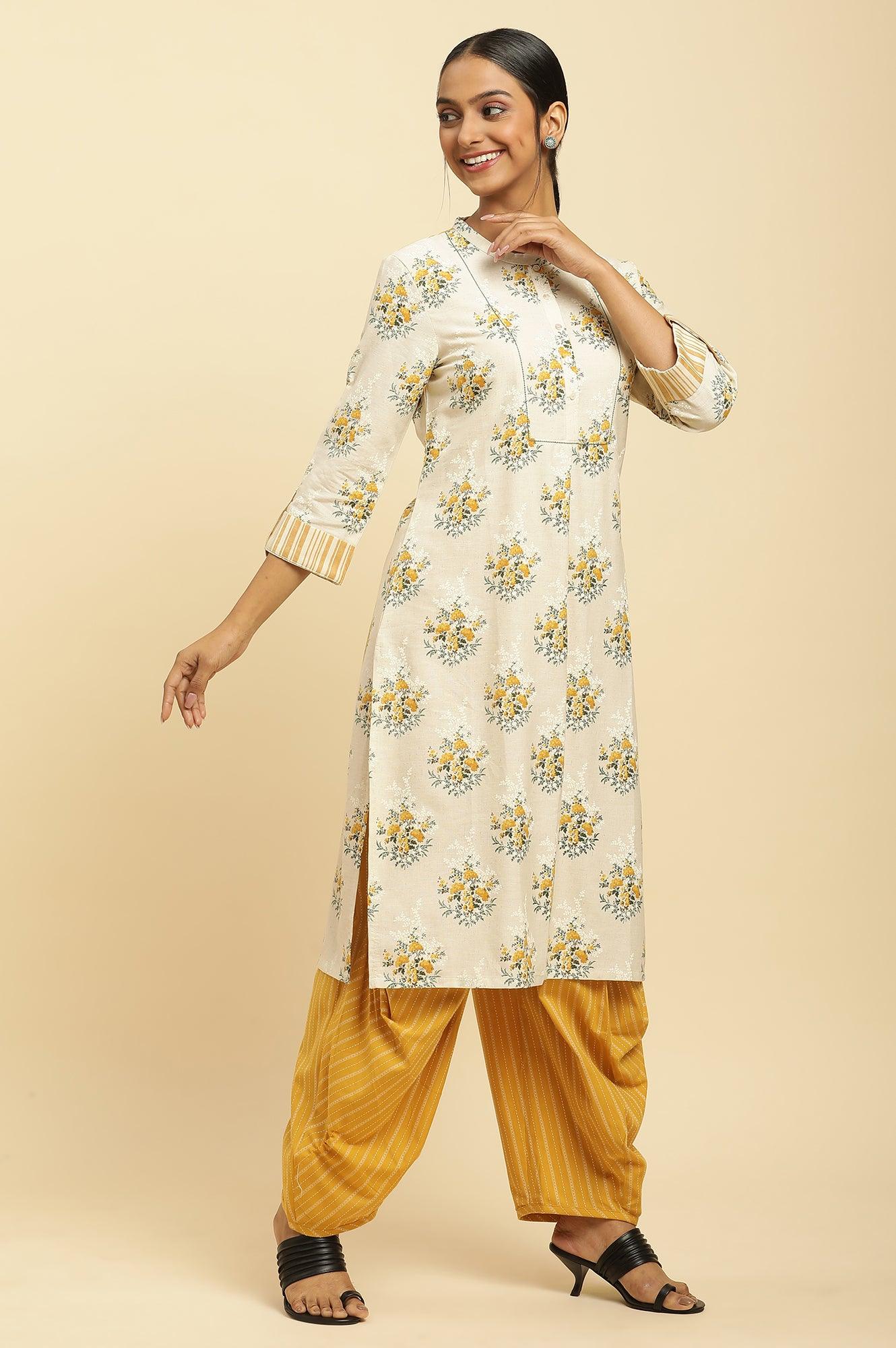 Beige Floral Printed Kurta And Yellow Carrot Pants - wforwoman