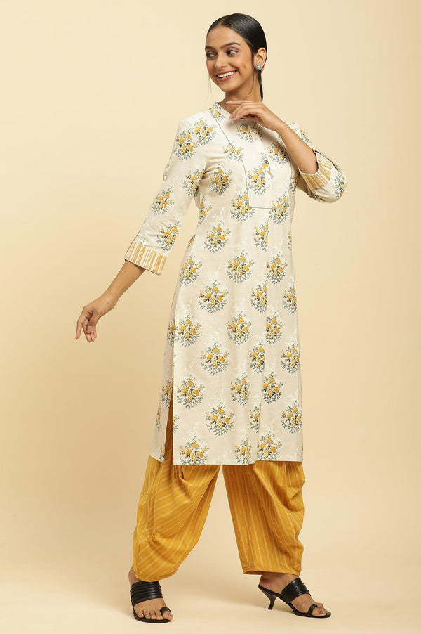 Beige Floral Printed Kurta And Yellow Carrot Pants