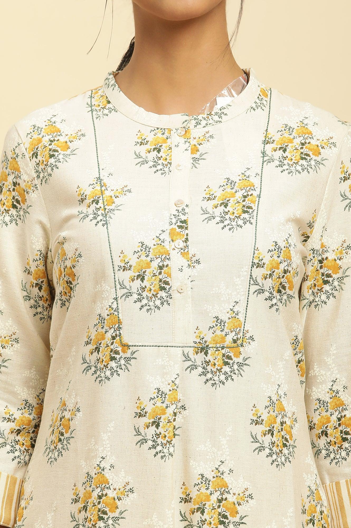 Beige Floral Printed Kurta And Yellow Carrot Pants - wforwoman