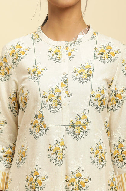 Beige Floral Printed Kurta And Yellow Carrot Pants - wforwoman