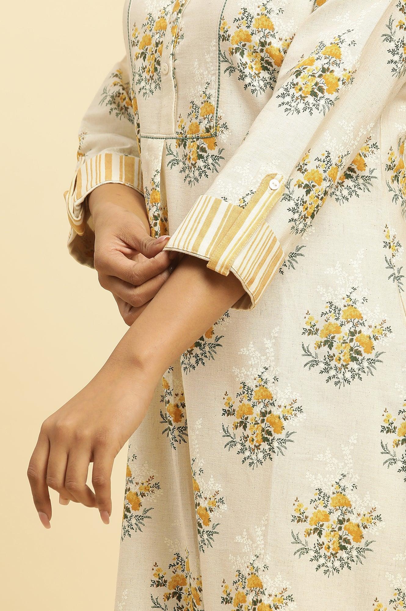 Beige Floral Printed Kurta And Yellow Carrot Pants - wforwoman