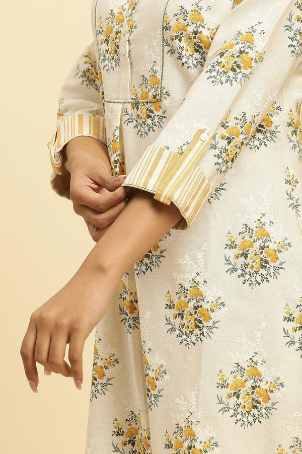 Beige Floral Printed Kurta And Yellow Carrot Pants
