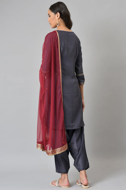 Grey Embroidered kurta, Draped Pants And Dupatta Set - wforwoman