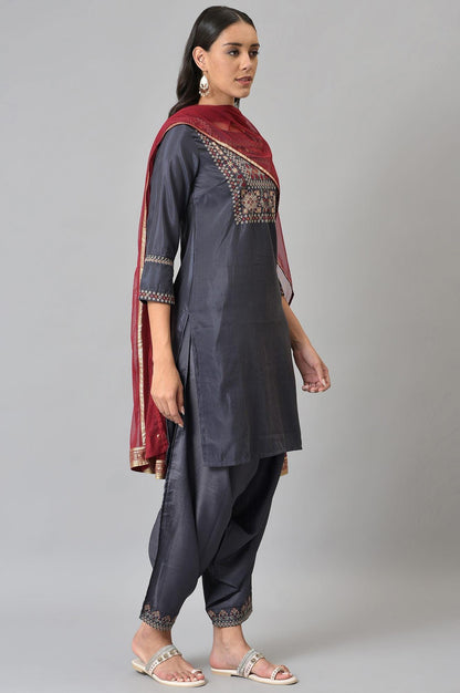 Grey Embroidered kurta, Draped Pants And Dupatta Set - wforwoman