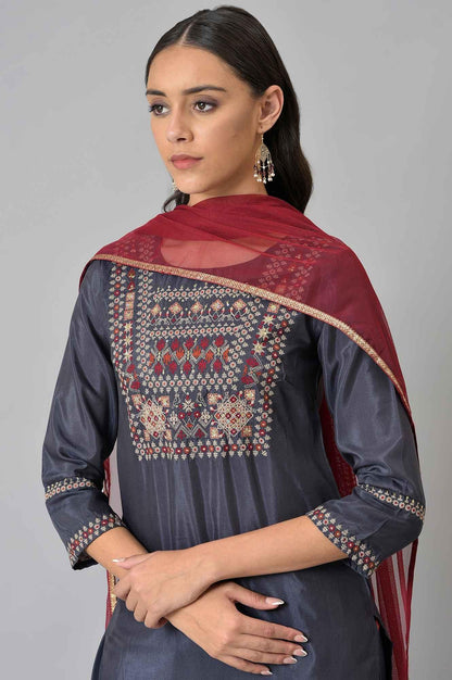 Grey Embroidered kurta, Draped Pants And Dupatta Set - wforwoman