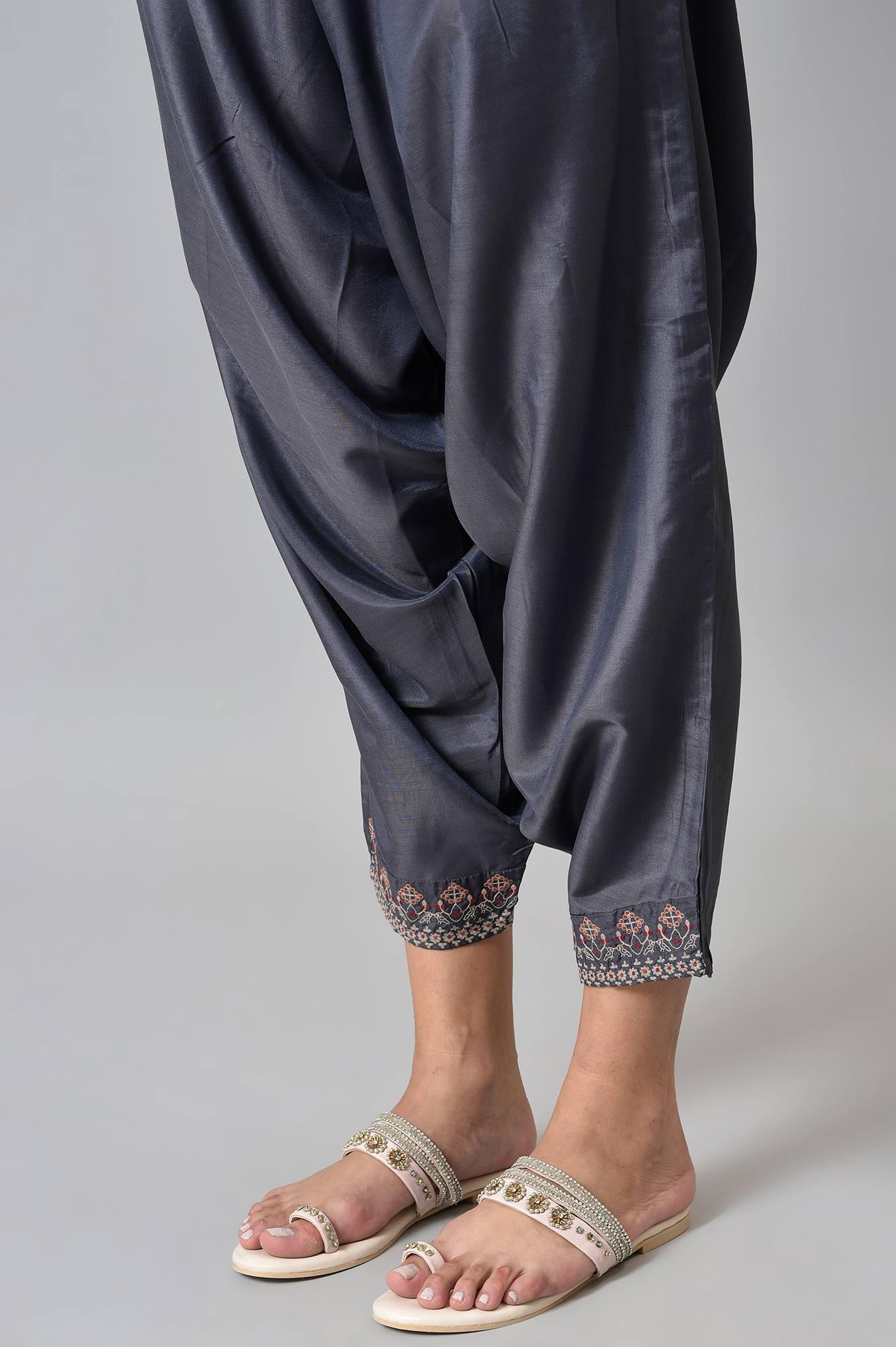 Grey Embroidered kurta, Draped Pants And Dupatta Set - wforwoman