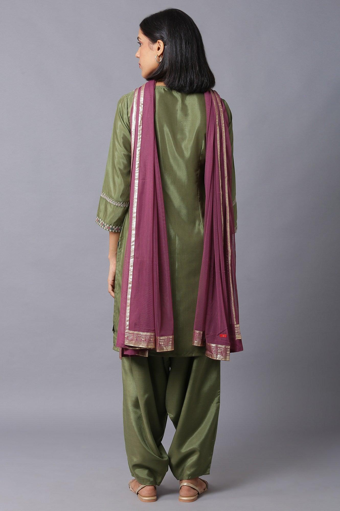 Olive Green Embroidered kurta And Draped Pants Set - wforwoman