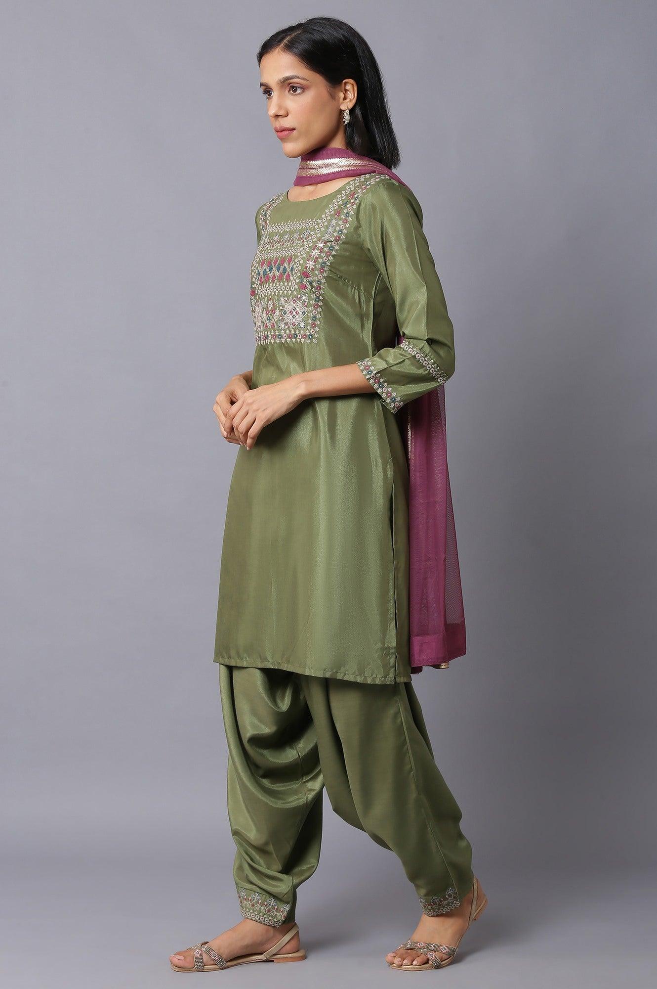 Olive Green Embroidered kurta And Draped Pants Set - wforwoman