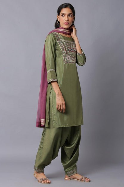 Olive Green Embroidered kurta And Draped Pants Set - wforwoman