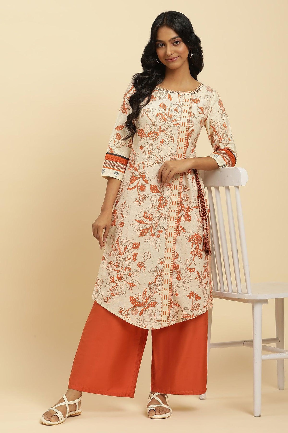 Ecru Floral Printed Kurta With Orange Parallel Pants - XS