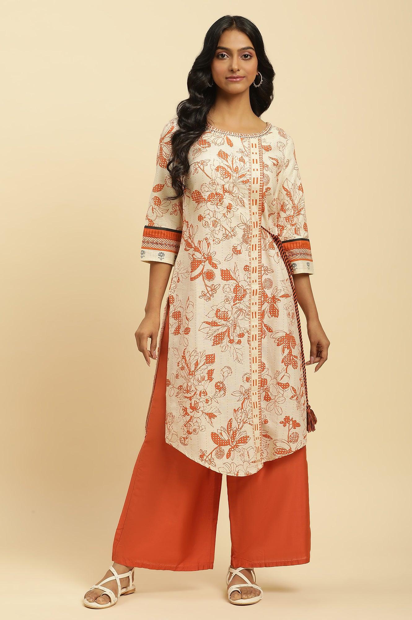 Ecru Floral Printed Kurta With Orange Parallel Pants - wforwoman