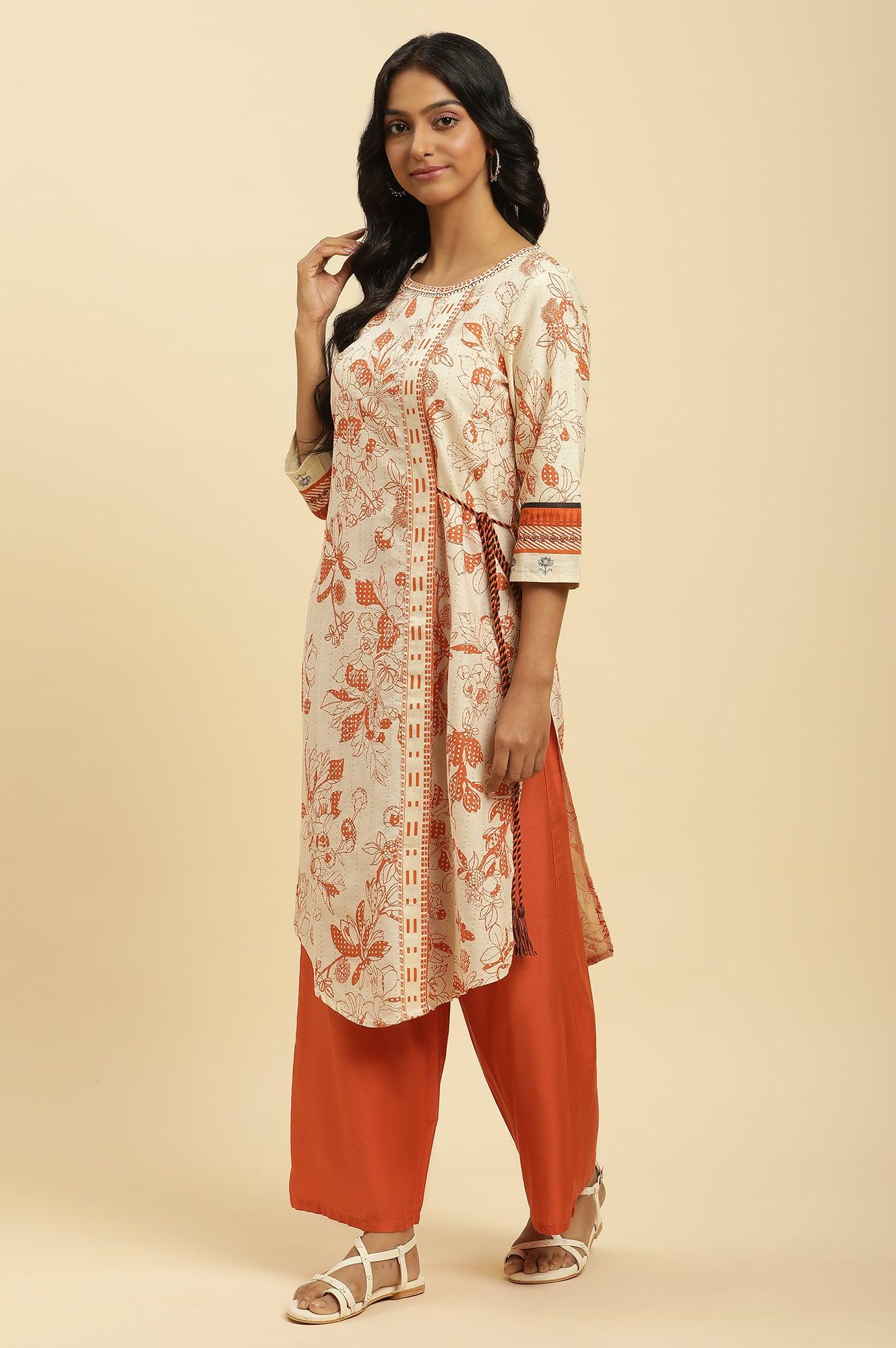 Ecru Floral Printed Kurta With Orange Parallel Pants - wforwoman