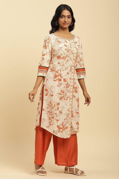 Ecru Floral Printed Kurta With Orange Parallel Pants - wforwoman