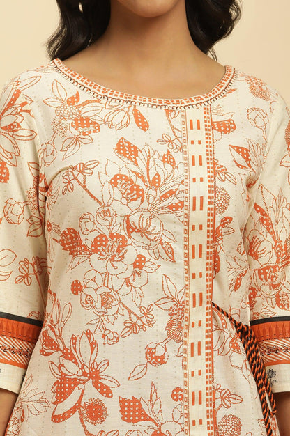 Ecru Floral Printed Kurta With Orange Parallel Pants - wforwoman