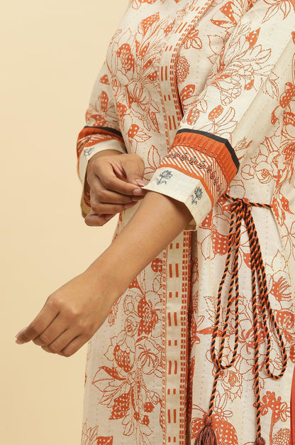 Ecru Floral Printed Kurta With Orange Parallel Pants - wforwoman