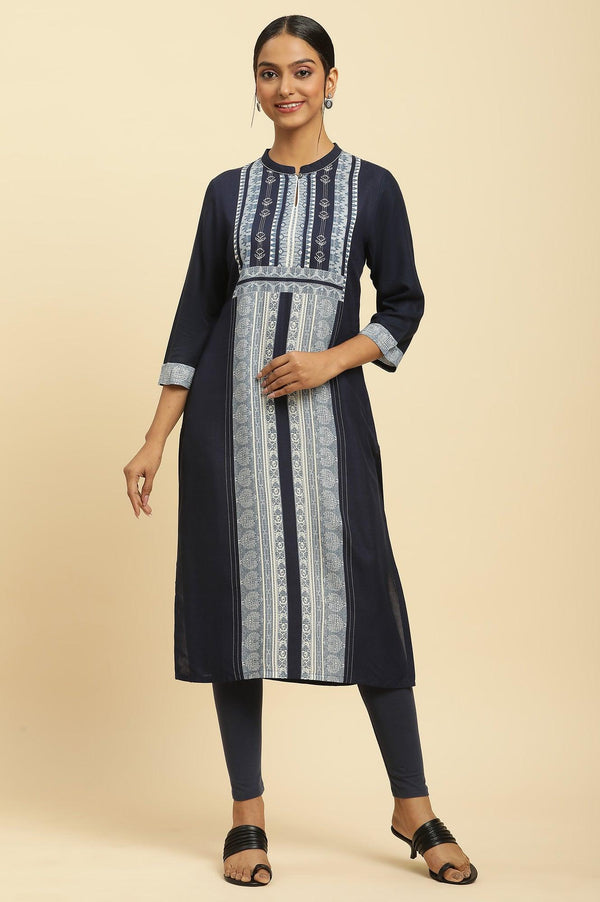 Navy Blue Printed Kurta And Tights