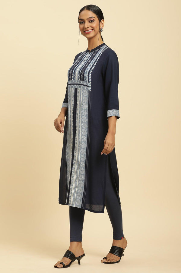 Navy Blue Printed Kurta And Tights