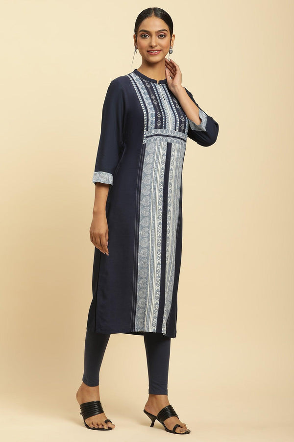 Navy Blue Printed Kurta And Tights