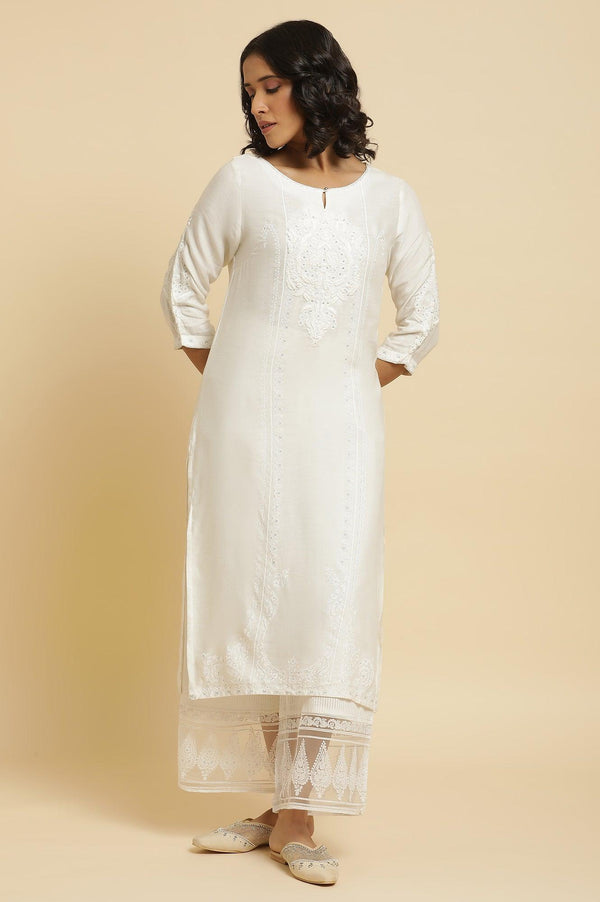 Ecru Embroidered Kurta & Parallel Pants Set