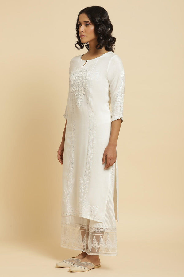 Ecru Embroidered Kurta & Parallel Pants Set