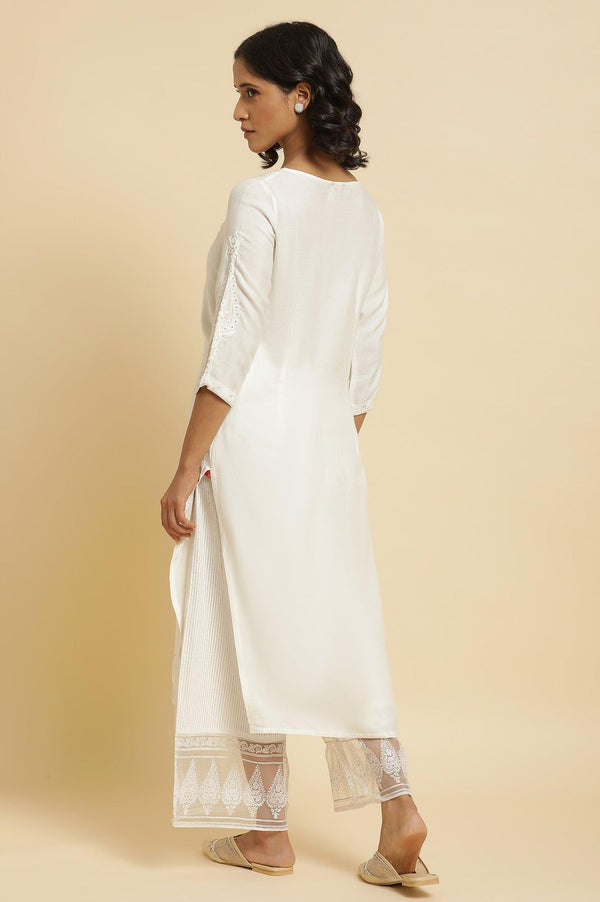 Ecru Embroidered Kurta & Parallel Pants Set