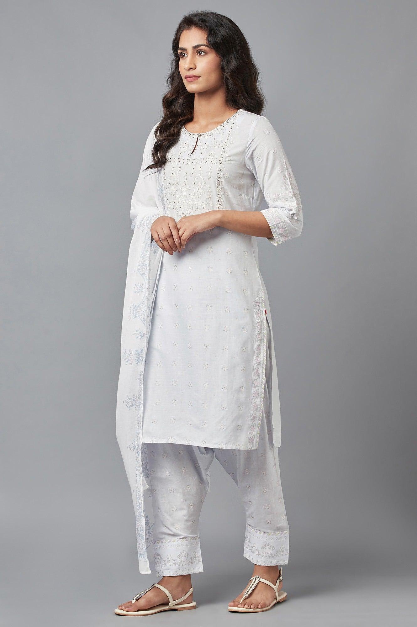Light Blue Embroidered kurta with Salwar and Dupatta - wforwoman