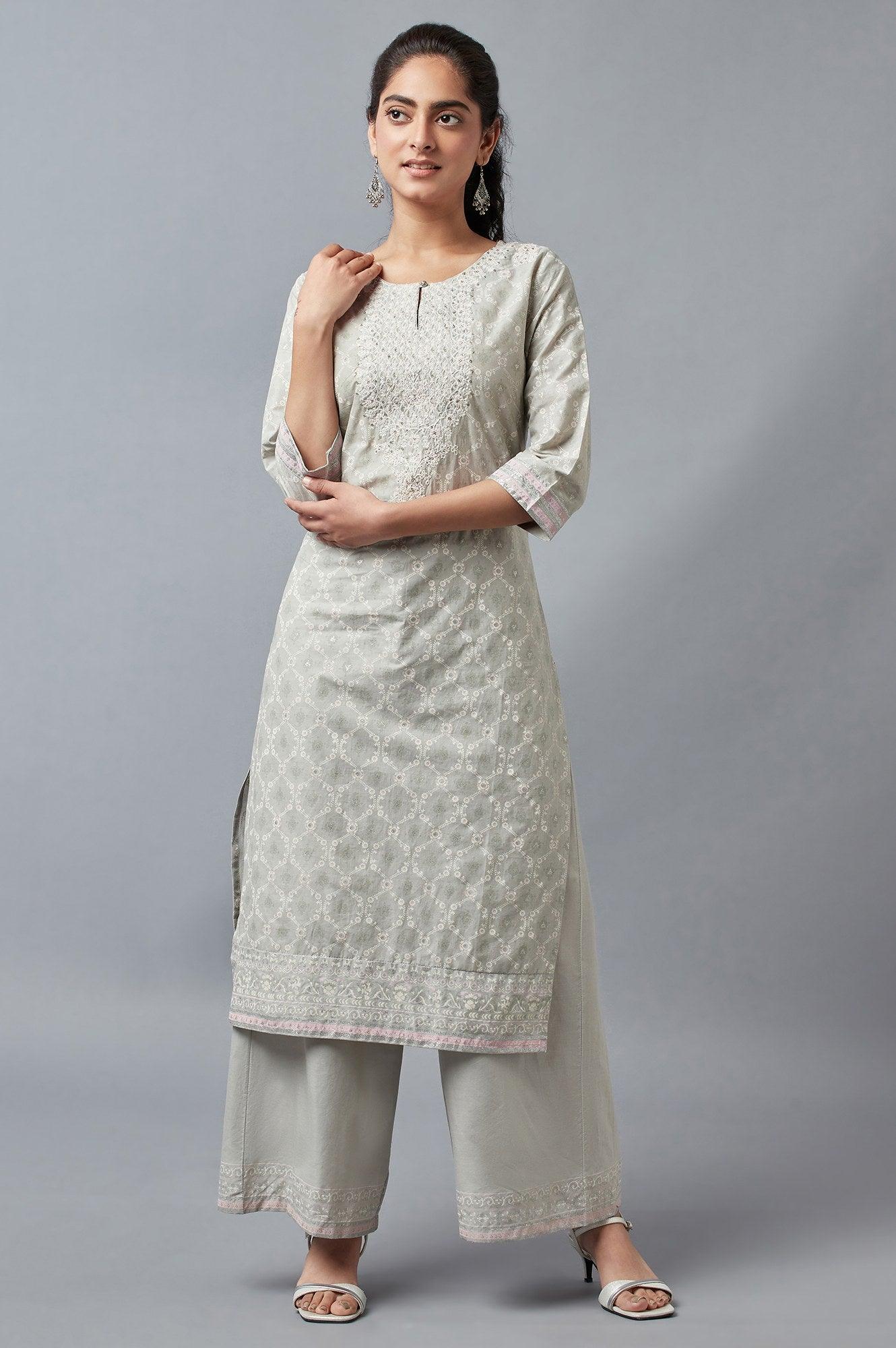 Light Green Printed kurta with Parallel Pants - wforwoman