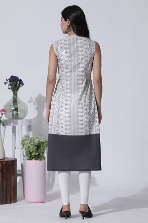 White & Grey Printed Cotton Dress And Tights Set