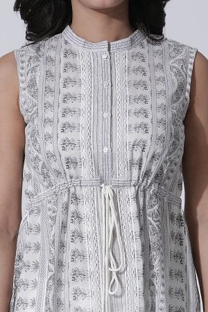 White & Grey Printed Cotton Dress And Tights Set