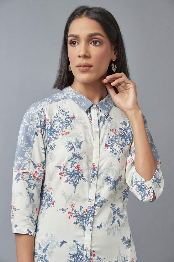 Bright White Floral Printed Dress & Pants Set