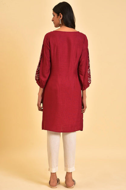 Red Embroidered Dress &amp; Pants Set - wforwoman