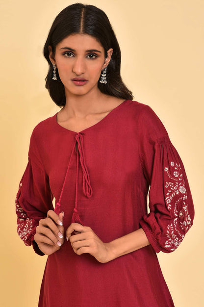 Red Embroidered Dress &amp; Pants Set - wforwoman