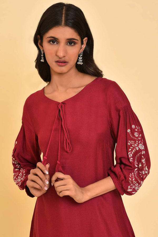 Red Embroidered Dress & Pants Set