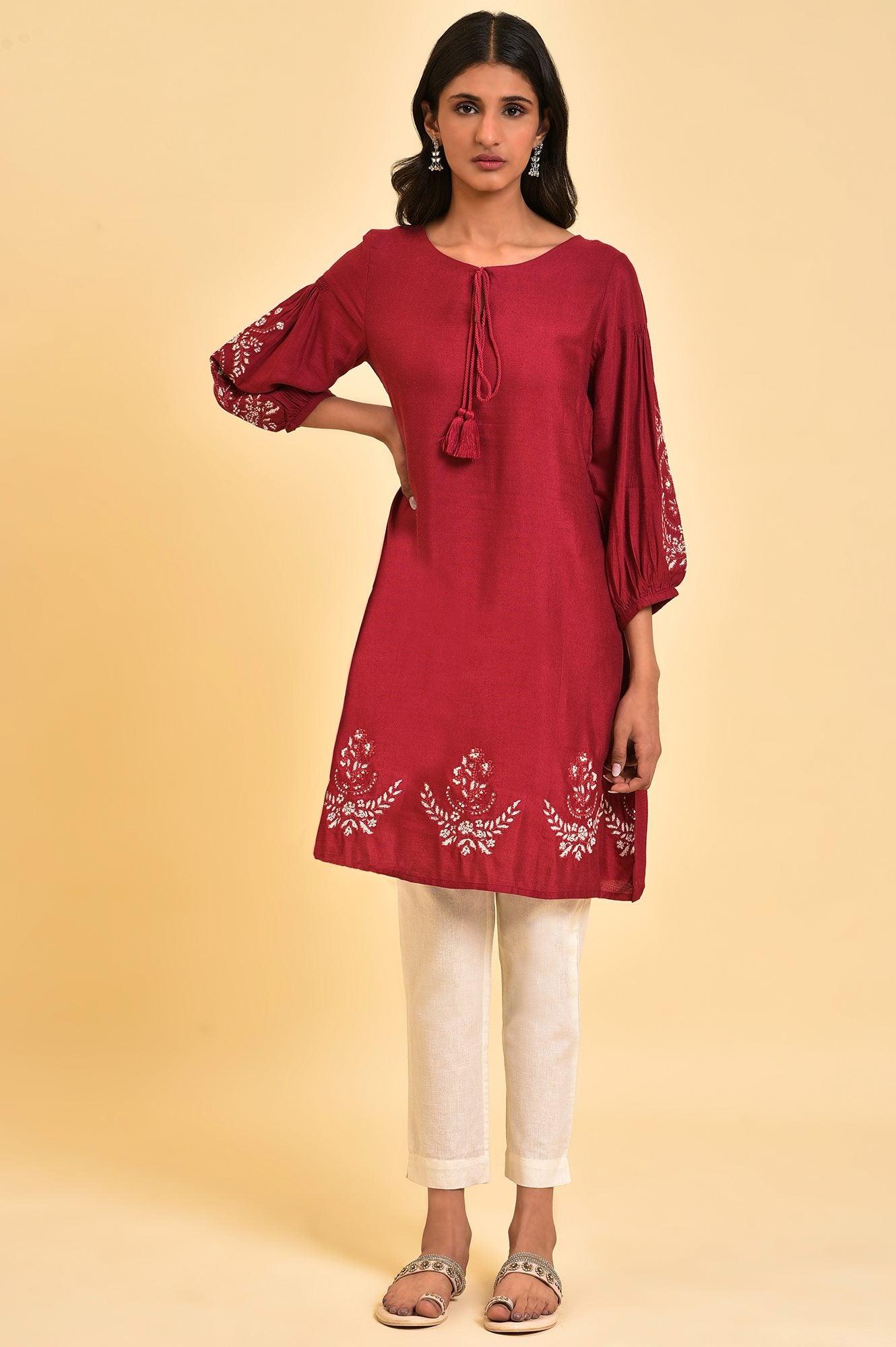 Red Embroidered Dress &amp; Pants Set - wforwoman