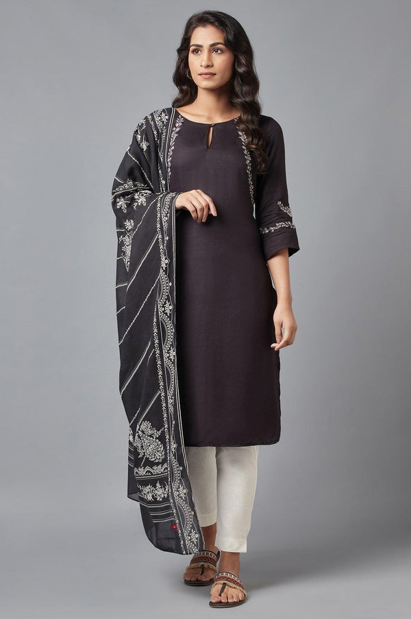 Black Embroidered kurta with Slim Pants and Dupatta