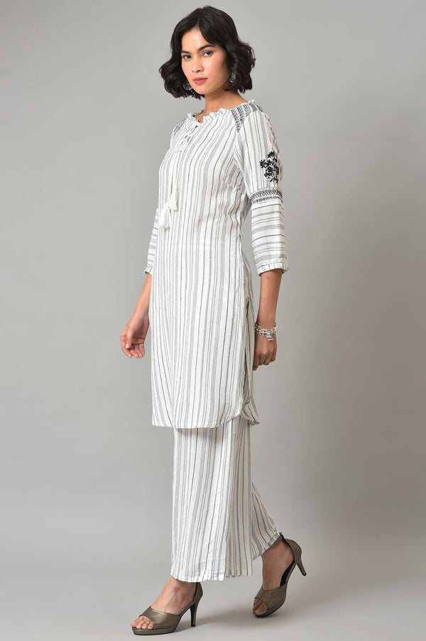 Ecru And Black Striped kurta With Parallel Pants