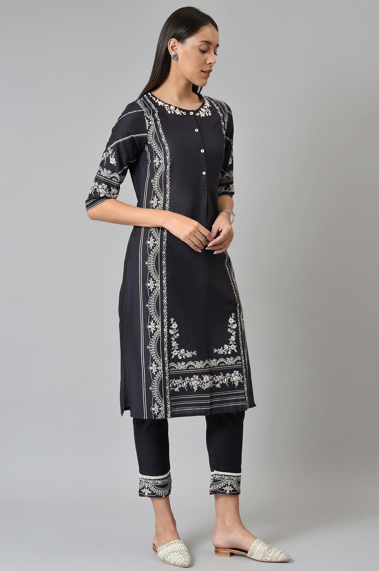 Black Floral Printed kurta With Parallel Pants - wforwoman