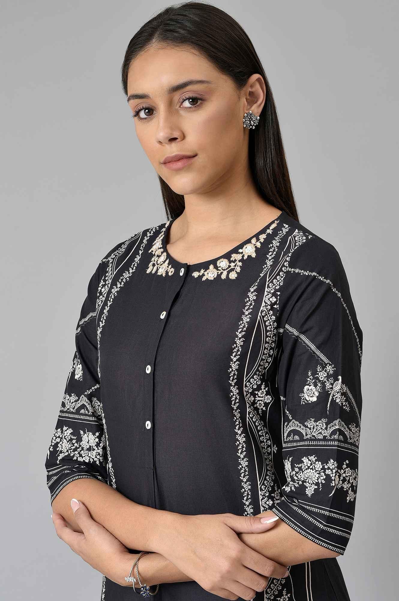 Black Floral Printed kurta With Parallel Pants - wforwoman