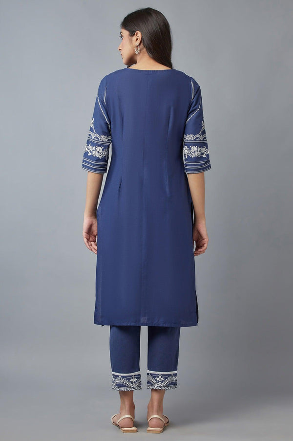 Navy Blue Floral Printed kurta with Parallel Pants