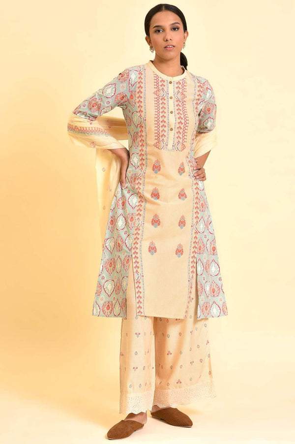 Ecru Printed Kurta, Parallel Pants And Dupatta Set