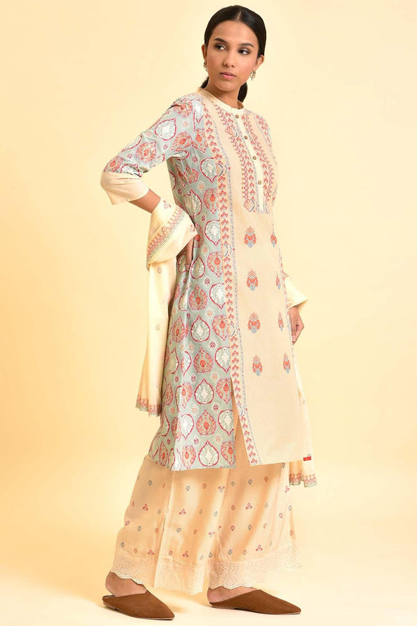 Ecru Printed Kurta, Parallel Pants And Dupatta Set
